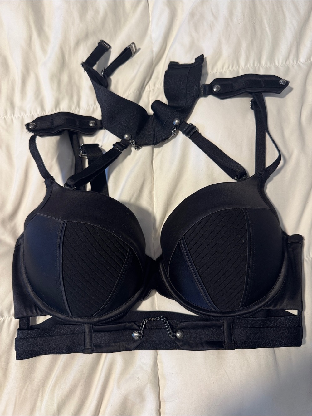 Honey Birdette Black Strappy Push-Up Bra with Chain Accent